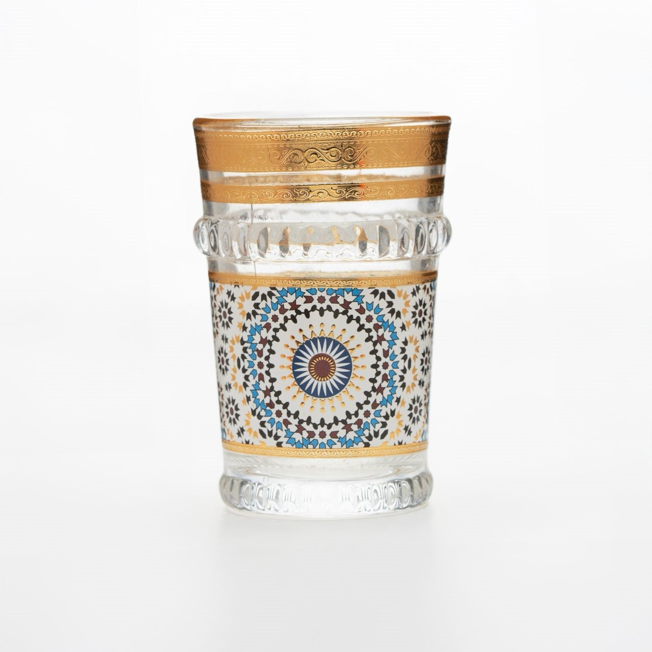 Classic cups Moroccan Zellij Tea Glass with Blue & Brown Mosaic and Embossed Gold Trim